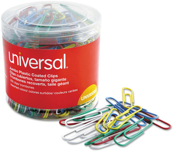 Universal® Plastic-Coated Paper Clips with One-Compartment Dispenser Tub, Jumbo, Assorted Colors, 250/Pack