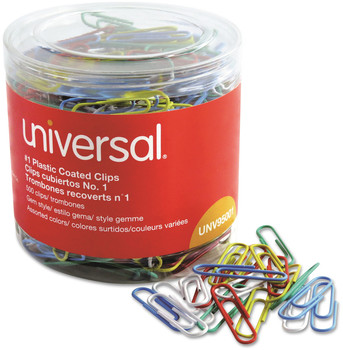 Universal® Plastic-Coated Paper Clips with One-Compartment Dispenser Tub, #1, Assorted Colors, 500/Pack