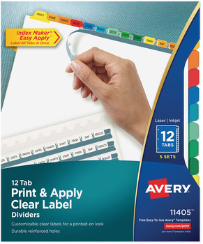 Avery® Print & Apply Index Maker® Clear Label Dividers with Easy Printable Strip and Color Tabs 12-Tab, 11 x 8.5, White, 5 Sets