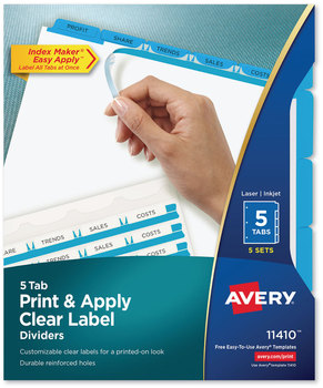 Avery® Print & Apply Index Maker® Clear Label Dividers with Easy Printable Strip and Color Tabs 5-Tab, 11 x 8.5, White, Blue 5 Sets