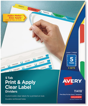 Avery® Print & Apply Index Maker® Clear Label Dividers with Easy Printable Strip and Color Tabs 5-Tab, 11 x 8.5, White, Traditional 5 Sets