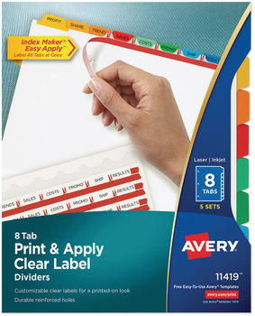 Avery® Print & Apply Index Maker® Clear Label Dividers with Easy Printable Strip and Color Tabs 8-Tab, 11 x 8.5, White, Traditional 5 Sets