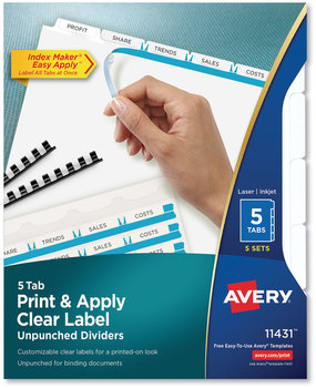 Avery® Print & Apply Index Maker® Clear Label Unpunched Dividers with Easy Printable Strip for Binding Systems and 5-Tab, 11 x 8.5, White, 5 Sets