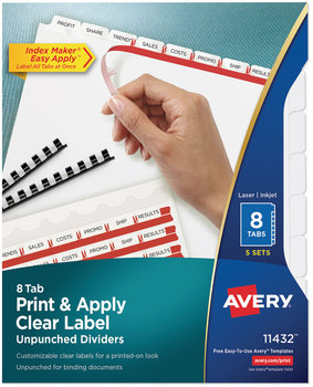 Avery® Print & Apply Index Maker® Clear Label Unpunched Dividers with Easy Printable Strip for Binding Systems and 8-Tab, 11 x 8.5, White, 5 Sets