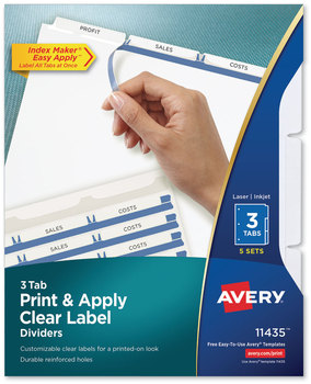 Avery® Print & Apply Index Maker® Clear Label Dividers with Easy Printable Strip and White Tabs 3-Tab, 11 x 8.5, 5 Sets