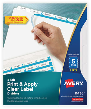 Avery® Print & Apply Index Maker® Clear Label Dividers with Easy Printable Strip and White Tabs 5-Tab, 11 x 8.5, 5 Sets