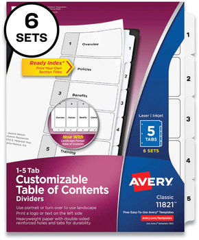 Avery® Customizable Table of Contents Ready Index® Black & White Dividers with Printable Section Titles and 5-Tab, 1 to 5, 11 x 8.5, 6 Sets