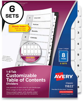 Avery® Customizable Table of Contents Ready Index® Black & White Dividers with Printable Section Titles and 8-Tab, 1 to 8, 11 x 8.5, 6 Sets