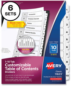 Avery® Customizable Table of Contents Ready Index® Black & White Dividers with Printable Section Titles and 10-Tab, 1 to 10, 11 x 8.5, 6 Sets