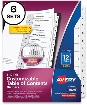 Avery® Customizable Table of Contents Ready Index® Black & White Dividers with Printable Section Titles and 12-Tab, 1 to 12, 11 x 8.5, 6 Sets