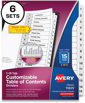 Avery® Customizable Table of Contents Ready Index® Black & White Dividers with Printable Section Titles and 15-Tab, 1 to 15, 11 x 8.5, 6 Sets