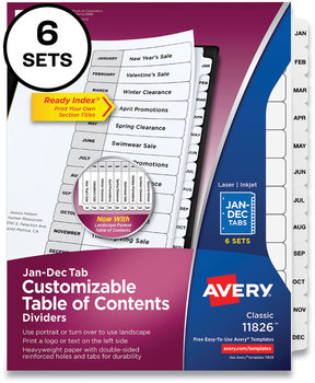 Avery® Customizable Table of Contents Ready Index® Black & White Dividers with Printable Section Titles and 12-Tab, Jan. to Dec., 11 x 8.5, 6 Sets