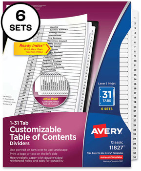 Avery® Customizable Table of Contents Ready Index® Black & White Dividers with Printable Section Titles and 31-Tab, 1 to 31, 11 x 8.5, 6 Sets