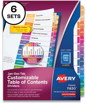 Avery® Customizable Table of Contents Ready Index® Multicolor Dividers with Printable Section Titles 12-Tab, Jan. to Dec., 11 x 8.5, White, 6 Sets