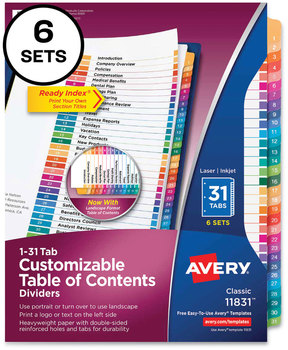 Avery® Customizable Table of Contents Ready Index® Multicolor Dividers with Printable Section Titles 31-Tab, 1 to 31, 11 x 8.5, White, 6 Sets