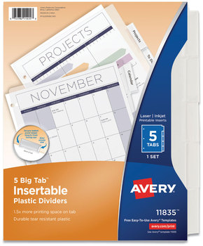 Avery® Insertable Big Tab™ Plastic Dividers 5-Tab, 11 x 8.5, Clear, 1 Set