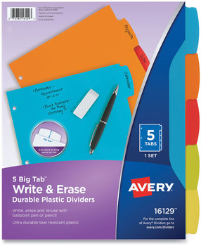 Avery® Big Tab™ Write & Erase Durable Plastic Dividers and 5-Tab, 11 x 8.5, Assorted, 1 Set