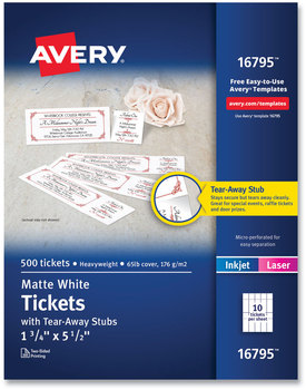 Avery® Printable Tickets with Tear-Away Stubs 97 Bright, 65 lb Cover Weight, 8.5 x 11, White, 10 Tickets/Sheet, 50 Sheets/Pack