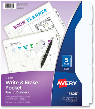 Avery® Write & Erase Durable Plastic Dividers with Pocket and Straight 5-Tab, 11.13 x 9.25, White, 1 Set