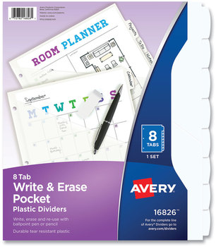 Avery® Write & Erase Durable Plastic Dividers with Pocket and Straight 8-Tab, 11.13 x 9.25, White, 1 Set