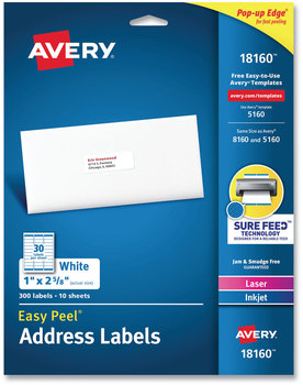 Avery® Easy Peel® White Address Labels with Sure Feed® Technology Inkjet Printers, 1 x 2.63, 30/Sheet, 10 Sheets/Pack