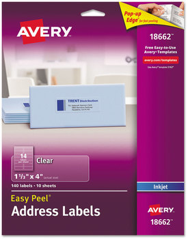 Avery® Matte Clear Easy Peel® Mailing Labels with Sure Feed® Technology w/ Inkjet Printers, 1.33 x 4, 14/Sheet, 10 Sheets/Pack