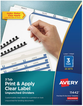 Avery® Print & Apply Index Maker® Clear Label Unpunched Dividers with Easy Printable Strip for Binding Systems and 3-Tab, 11 x 8.5, White, 25 Sets