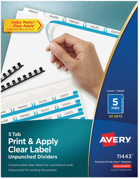 Avery® Print & Apply Index Maker® Clear Label Unpunched Dividers with Easy Printable Strip for Binding Systems and 5-Tab, 11 x 8.5, White, 25 Sets