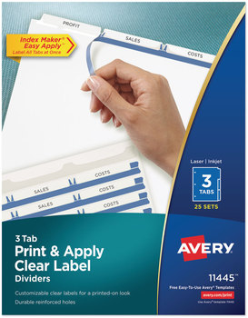 Avery® Print & Apply Index Maker® Clear Label Dividers with Easy Printable Strip and White Tabs 3-Tab, 11 x 8.5, 25 Sets