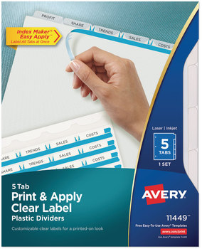 Avery® Print & Apply Index Maker® Clear Label Plastic Dividers with Easy Printable Strip and w/Printable 5-Tab, 11 x 8.5, Frosted Tabs, 1 Set