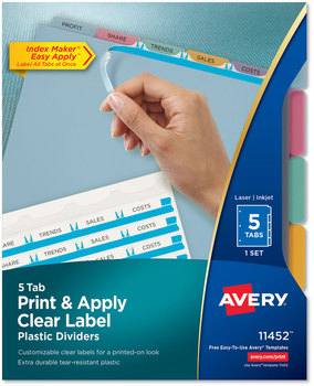 Avery® Print & Apply Index Maker® Clear Label Plastic Dividers with Easy Printable Strip and 5-Tab, 11 x 8.5, Assorted Tabs, 1 Set