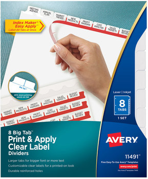 Avery® Print & Apply Index Maker® Clear Label Dividers with Easy Printable Strip and White Tabs Big Tab, 8-Tab, 11 x 8.5, 1 Set