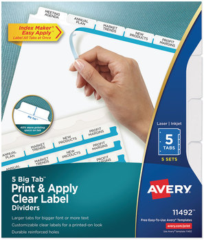 Avery® Print & Apply Index Maker® Clear Label Dividers with Easy Printable Strip and White Tabs Big Tab, 5-Tab, 11 x 8.5, 5 Sets