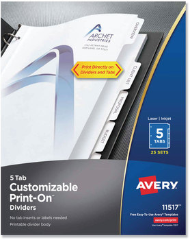 Avery® Customizable Print-On™ Dividers 3-Hole Punched, 5-Tab, 11 x 8.5, White, 25 Sets