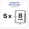 A Picture of product AVE-11552 Avery® Customizable Print-On™ Dividers 3-Hole Punched, 8-Tab, 11 x 8.5, White, 5 Sets