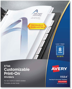 Avery® Customizable Print-On™ Dividers 3-Hole Punched, 8-Tab, 11 x 8.5, White, 25 Sets