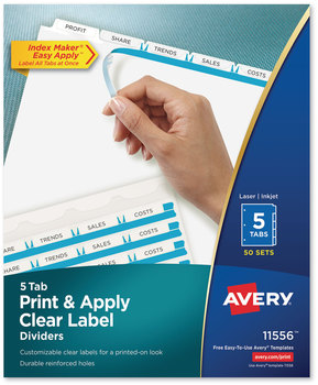 Avery® Print & Apply Index Maker® Clear Label Dividers with Easy Printable Strip and White Tabs 5-Tab, 11 x 8.5, 50 Sets