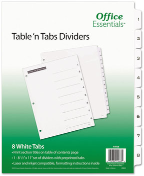 Office Essentials™ Table 'n Tabs® Dividers 8-Tab, 1 to 8, 11 x 8.5, White, Set