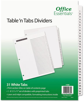 Office Essentials™ Table 'n Tabs® Dividers 31-Tab, 1 to 31, 11 x 8.5, White, Set