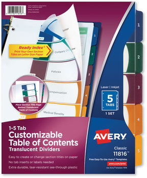 Avery® Customizable Table of Contents Ready Index® Plastic Multicolor Dividers with Printable Section Titles Tabs, 5-Tab, 1 to 5, 11 x 8.5, Translucent, Set