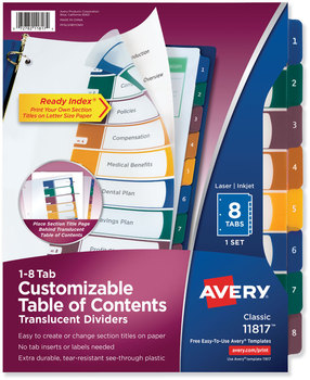 Avery® Customizable Table of Contents Ready Index® Plastic Multicolor Dividers with Printable Section Titles Tabs, 8-Tab, 1 to 8, 11 x 8.5, Translucent, Set