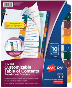 Avery® Customizable Table of Contents Ready Index® Plastic Multicolor Dividers with Printable Section Titles Tabs, 10-Tab, 1 to 10, 11 x 8.5, Translucent, Set