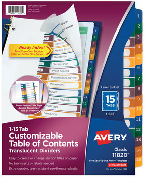 Avery® Customizable Table of Contents Ready Index® Plastic Multicolor Dividers with Printable Section Titles Tabs, 15-Tab, 1 to 15, 11 x 8.5, Translucent, Set