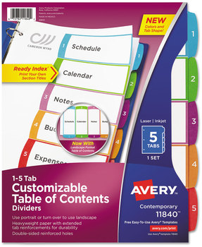Avery® Customizable Table of Contents Ready Index® Multicolor Dividers with Printable Section Titles TOC Tab 5-Tab, 1 to 5, 11 x 8.5, White, Contemporary Color Tabs, Set