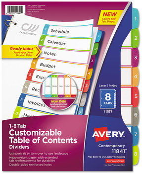 Avery® Customizable Table of Contents Ready Index® Multicolor Dividers with Printable Section Titles TOC Tab 8-Tab, 1 to 8, 11 x 8.5, White, Contemporary Color Tabs, Set