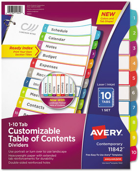 Avery® Customizable Table of Contents Ready Index® Multicolor Dividers with Printable Section Titles TOC Tab 10-Tab, 1 to 10, 11 x 8.5, White, Contemporary Color Tabs, Set