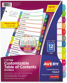 Avery® Customizable Table of Contents Ready Index® Multicolor Dividers with Printable Section Titles TOC Tab 12-Tab, 1 to 12, 11 x 8.5, White, Contemporary Color Tabs, Set