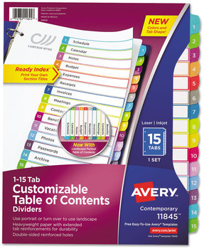 Avery® Customizable Table of Contents Ready Index® Multicolor Dividers with Printable Section Titles TOC Tab 15-Tab, 1 to 15, 11 x 8.5, White, Contemporary Color Tabs, Set