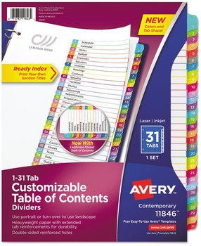 Avery® Customizable Table of Contents Ready Index® Multicolor Dividers with Printable Section Titles TOC Tab 31-Tab, 1 to 31, 11 x 8.5, White, Contemporary Color Tabs, Set
