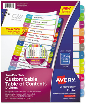 Avery® Customizable Table of Contents Ready Index® Multicolor Dividers with Printable Section Titles TOC Tab 12-Tab, Jan. to Dec., 11 x 8.5, White, Contemporary Color Tabs, 1 Set